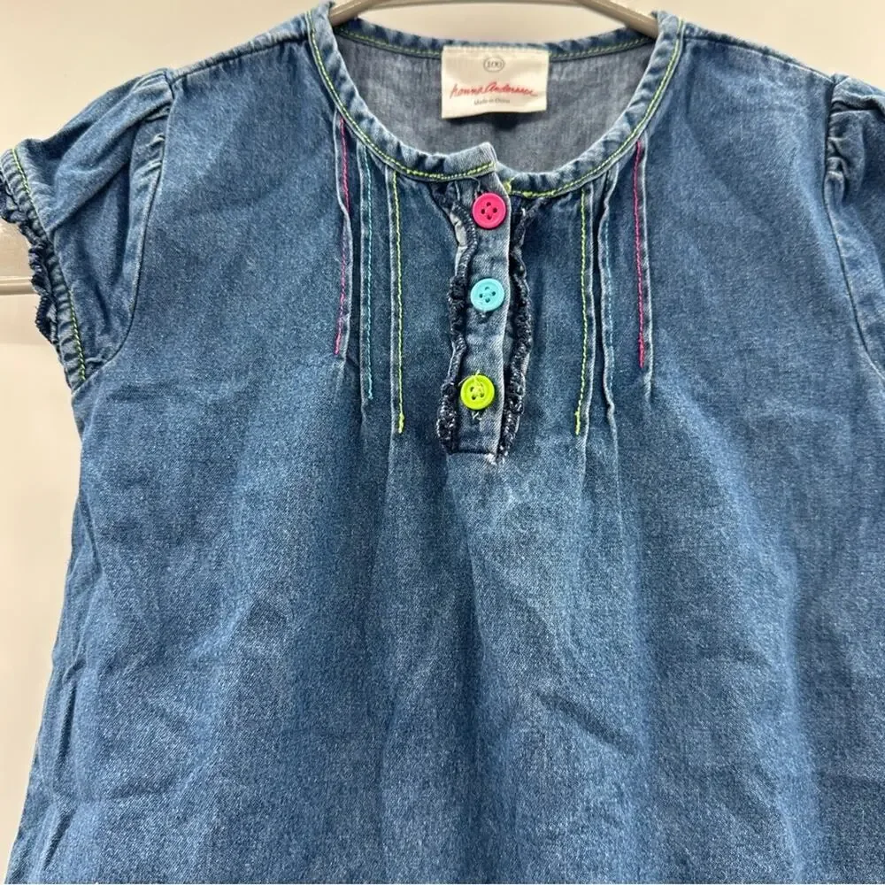 Hanna Andersson Blue Denim Flower Embroidered Short‎ Sleeve Dress Sz 100 (US 4)